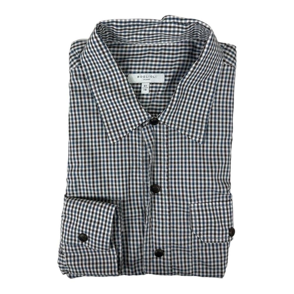 Boglioli Milano White Blue Brown Check Cotton Metal Snap Front Shirt Size 16/41